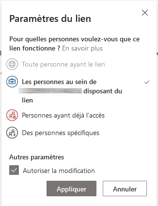 Sharepoint - Paramètres du lien